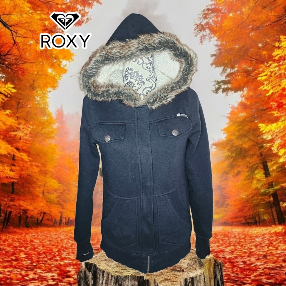 Roxy Black Hooded Jacket with Faux Fur Trim